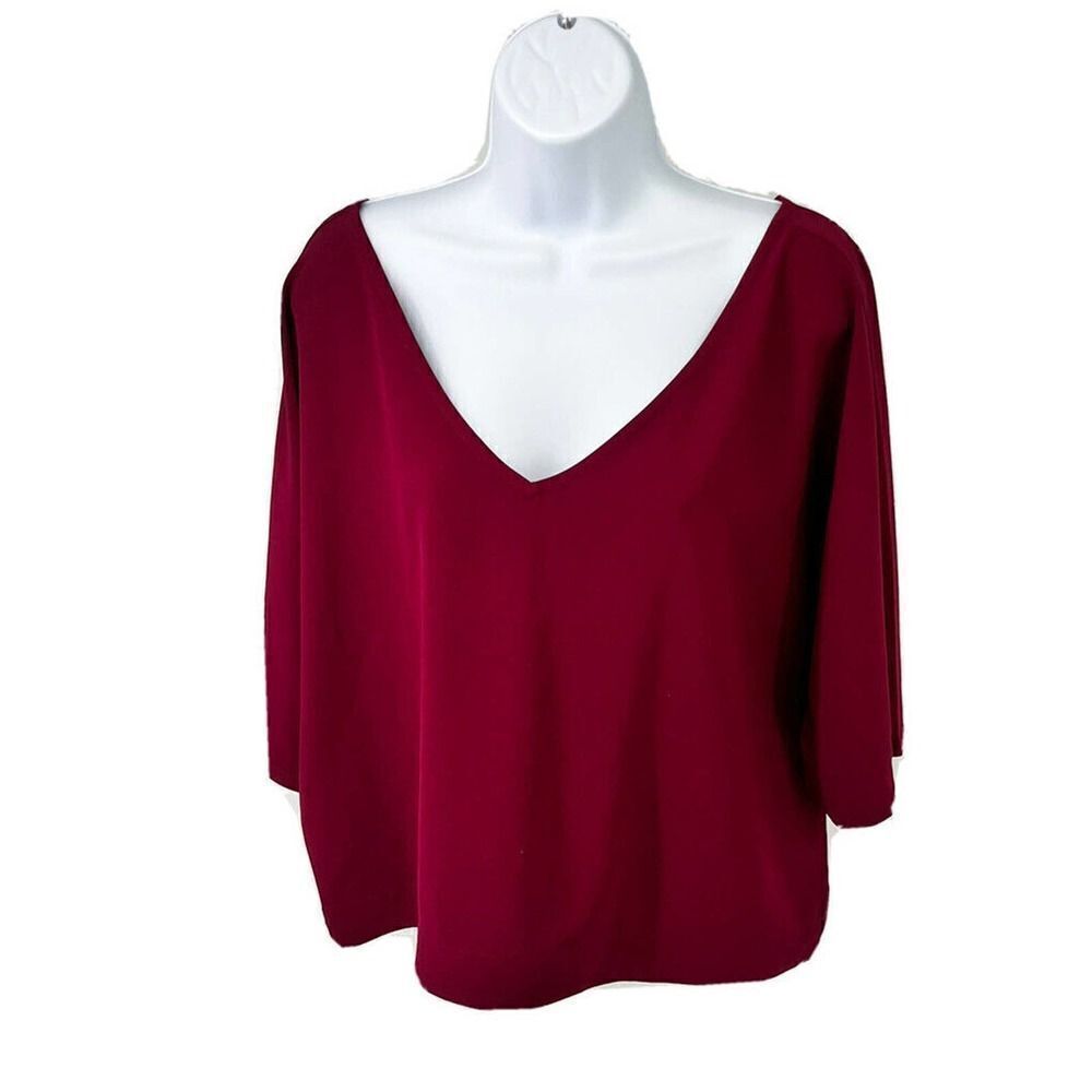 New Cupcakes and Cashmere Red Maroon Boxy V Neck‎ Top Shirt 1/2 Dolman Sleeves